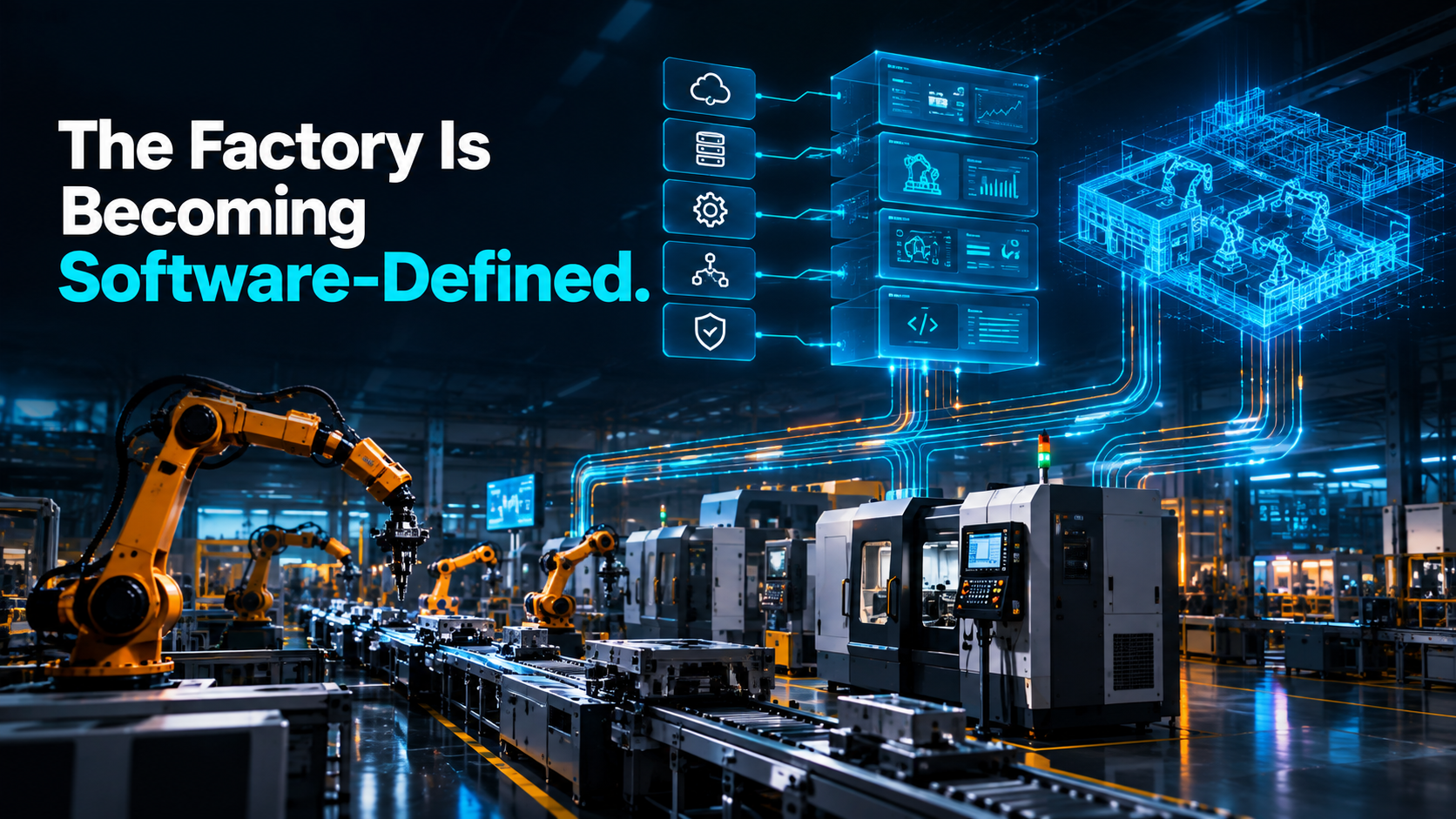 Software-defined factory with robotic production line connected to a virtual control and digital twin layer